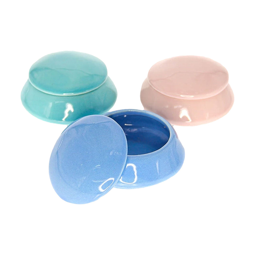 My Bud Vase Dome Stash Cache ceramic jars in pink, blue, and teal - front view