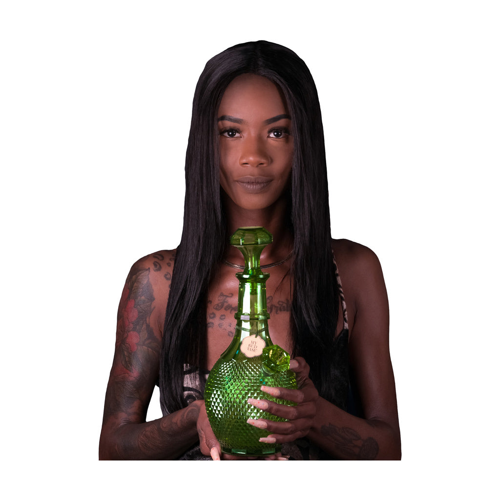 My Bud Vase "Jewel" Bong - Elegant Green Glass - Front View Held by Model