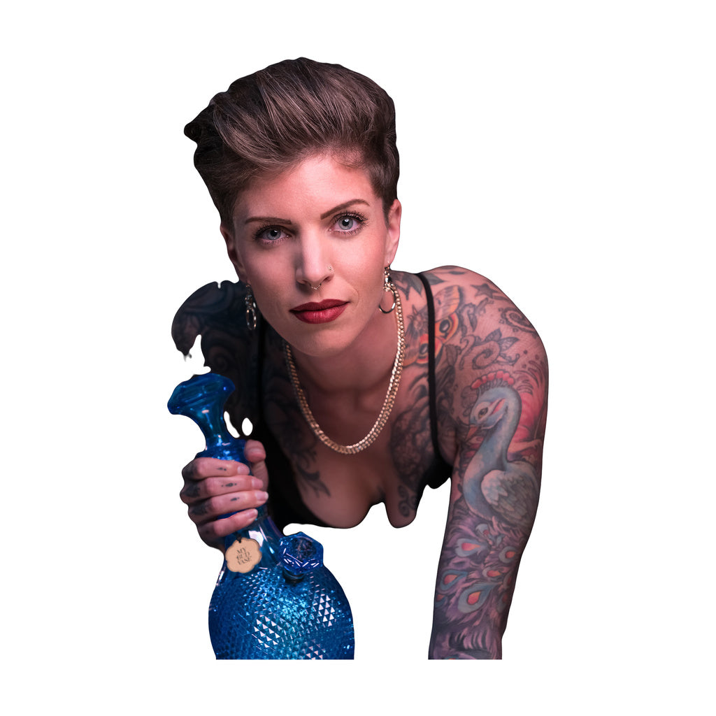 Elegant My Bud Vase "Jewel" Bong held by a tattooed woman, showcasing intricate design
