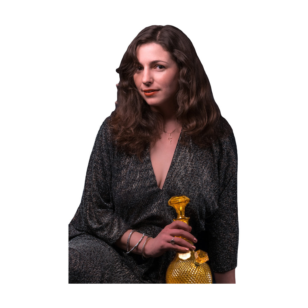 Woman holding My Bud Vase "Jewel" Bong, elegant design, 12.5" height, intricate details