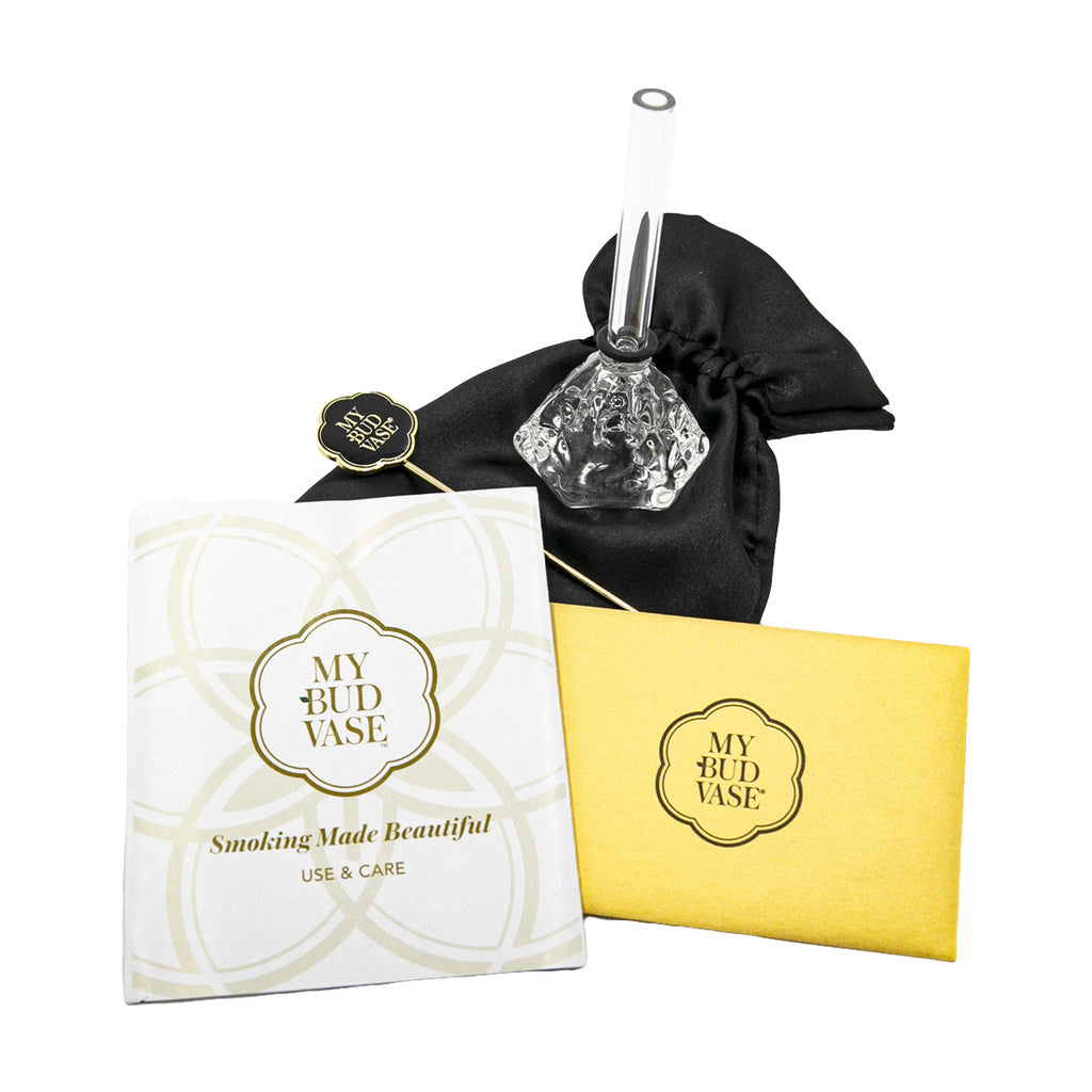My Bud Vase "Jewel" Bong with elegant design, displayed with care manual and black velvet pouch