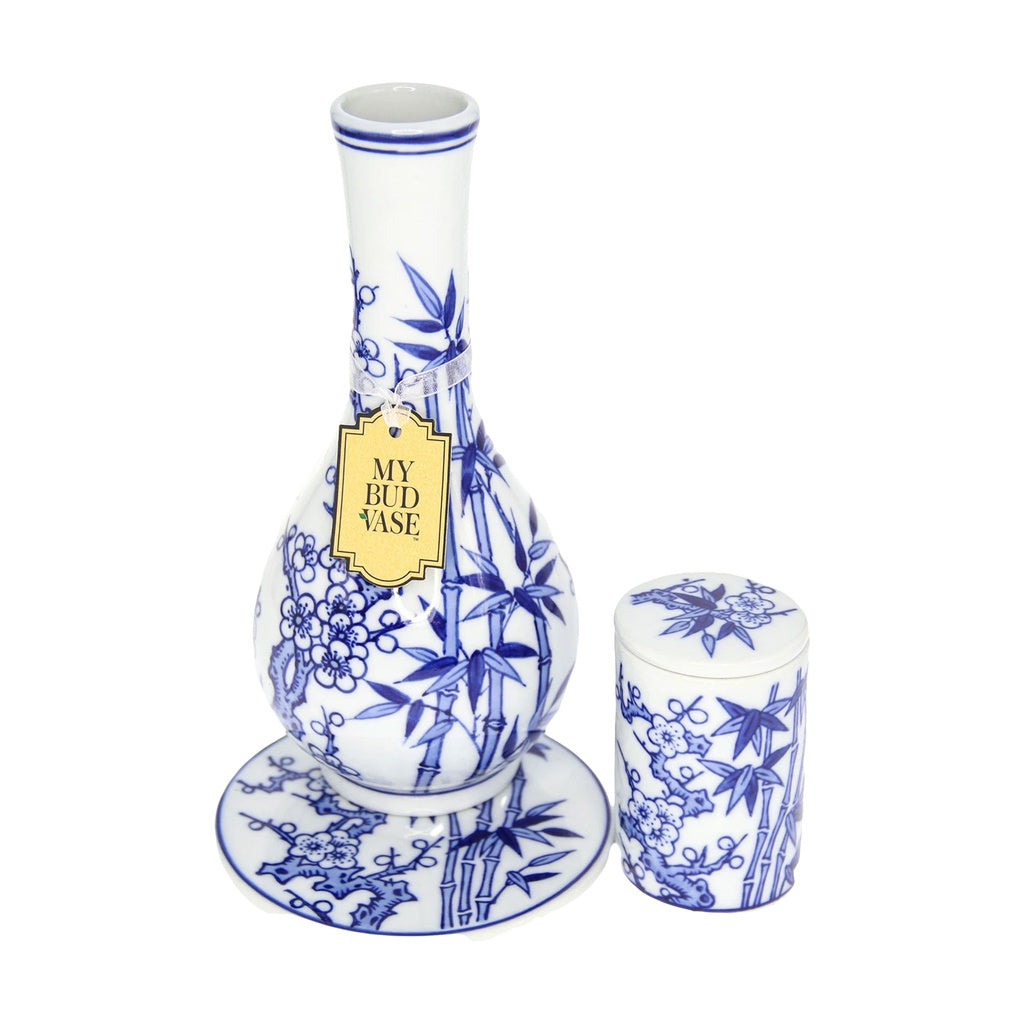 My Bud Vase "Luck" Bong in blue and white ceramic with floral design, including matching stash jar