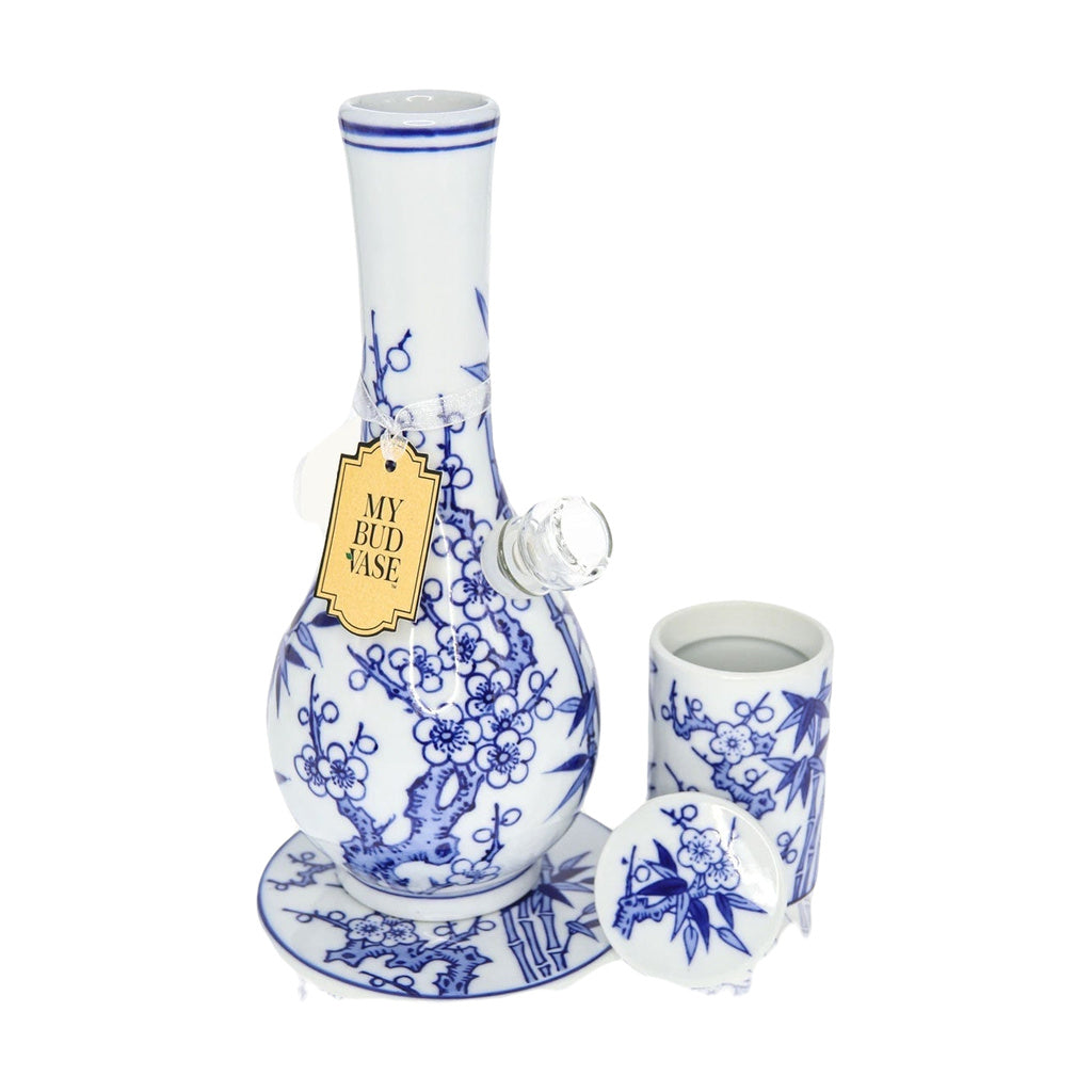 My Bud Vase "Luck" Bong in blue and white ceramic with floral design, front view with matching stash jar