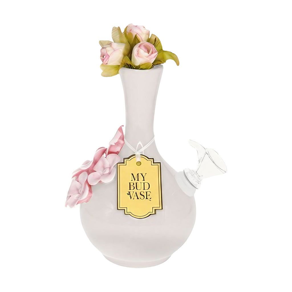 My Bud Vase "Monica" Bong, elegant white ceramic with pink floral accents, front view