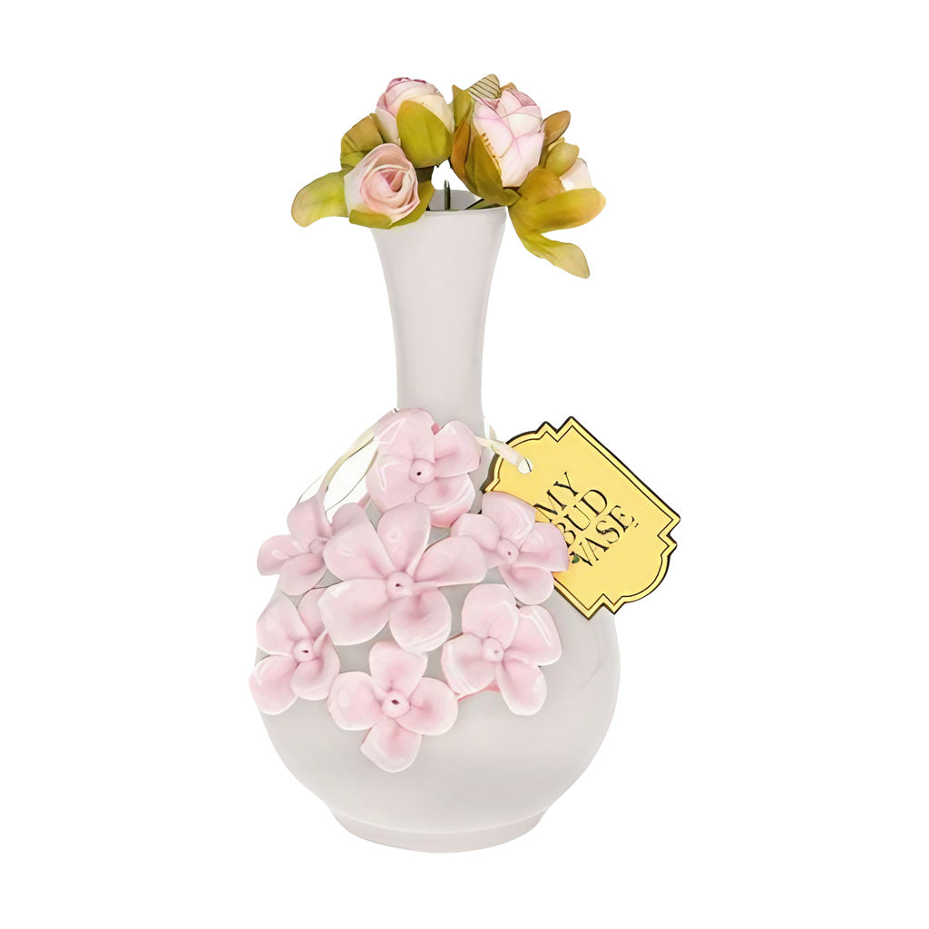 My Bud Vase "Monica" White Ceramic Bong with Pink Floral Accents - Front View