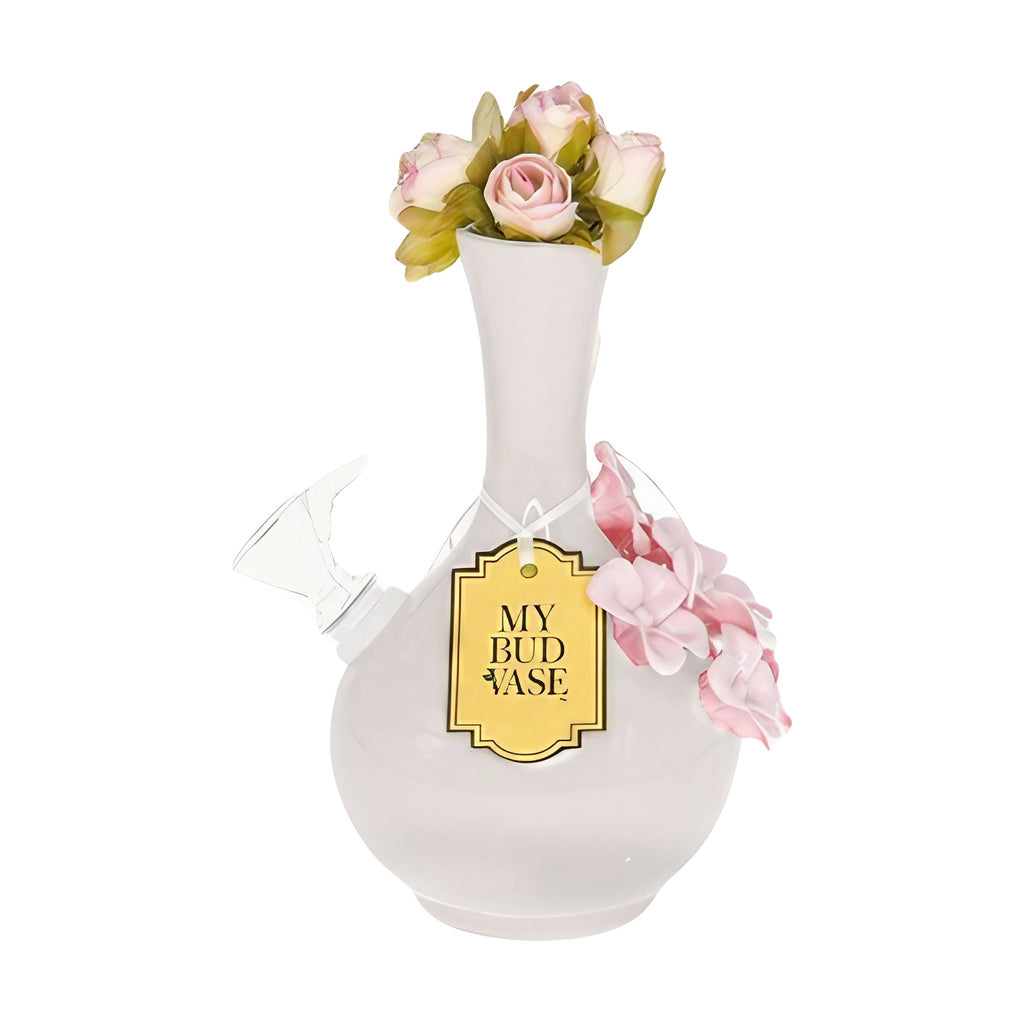 My Bud Vase "Monica" Bong - White Ceramic with Floral Accents - Front View