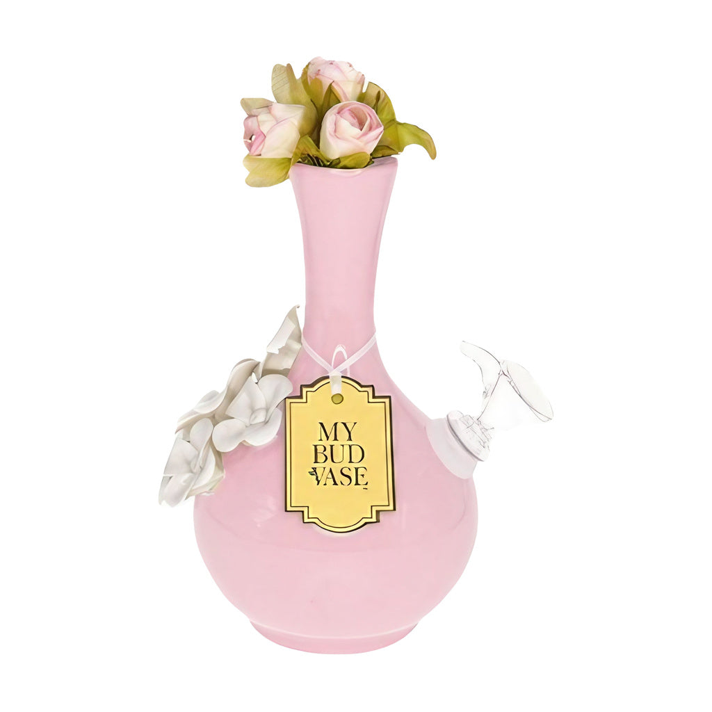 My Bud Vase "Rachel" Pink Ceramic Bong front view with floral accents and tag