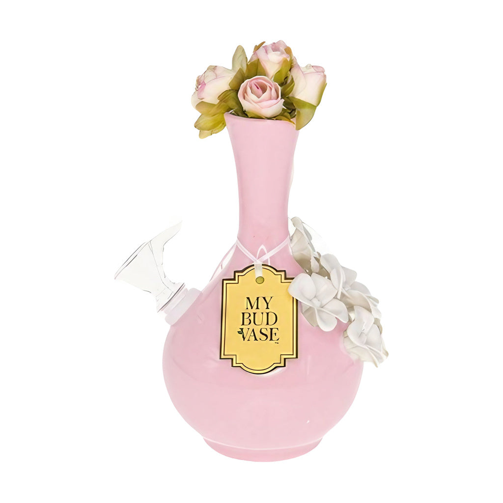 My Bud Vase "Rachel" Pink Ceramic Bong with Floral Accents - Front View