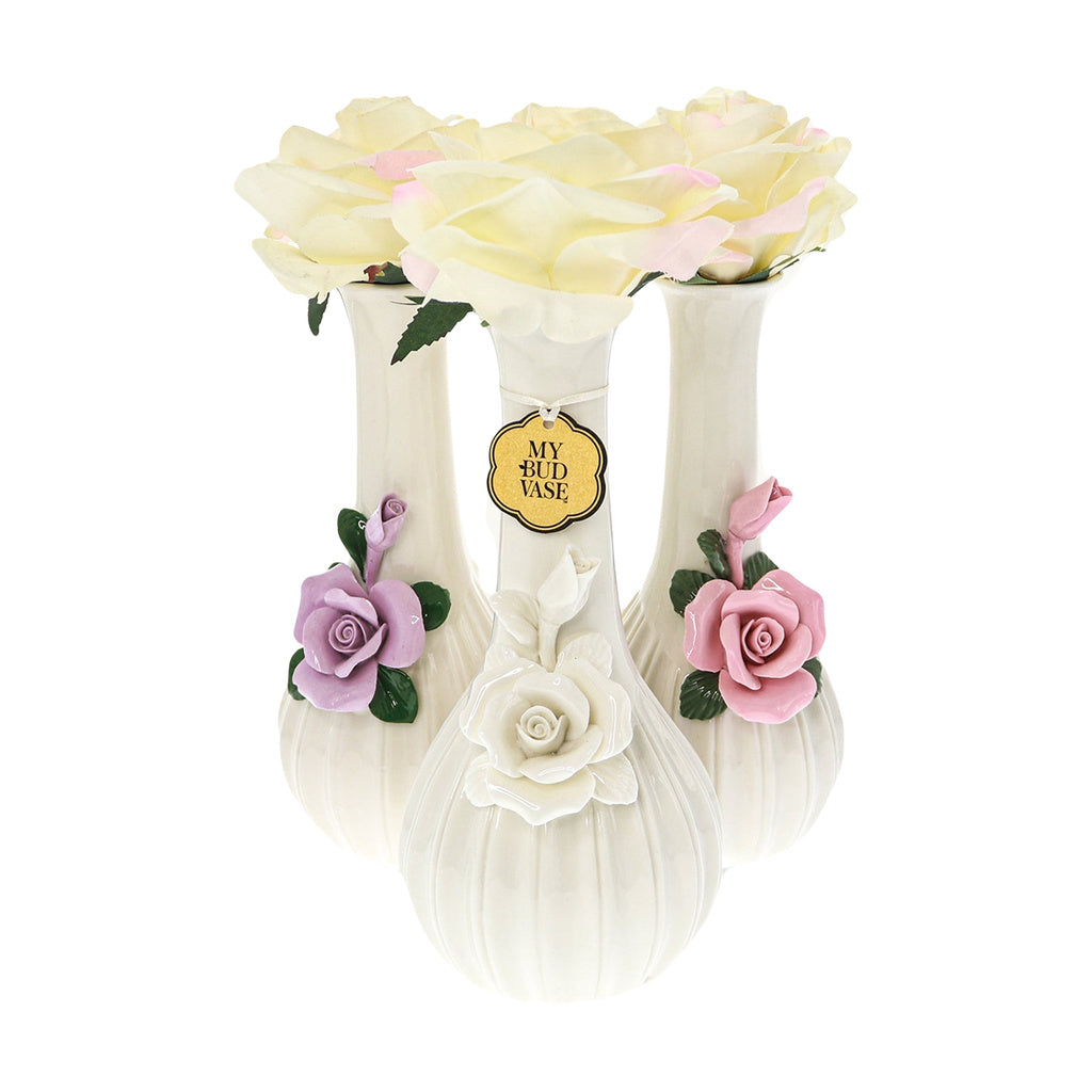 My Bud Vase "Rose" Bong in elegant white ceramic with pink floral accents, front view