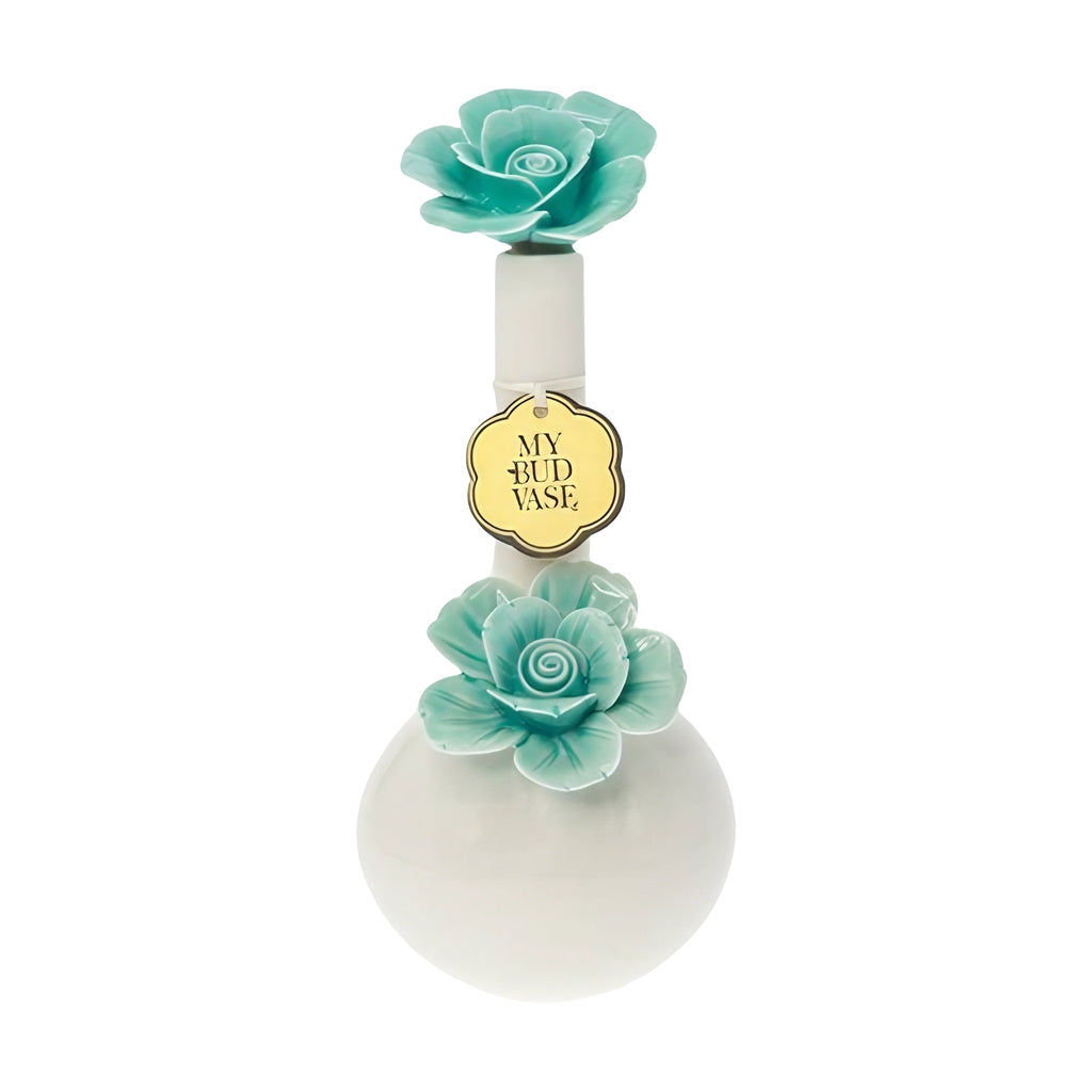 My Bud Vase "Rosette" Bong with aqua floral design, 6.75" elegant display front view
