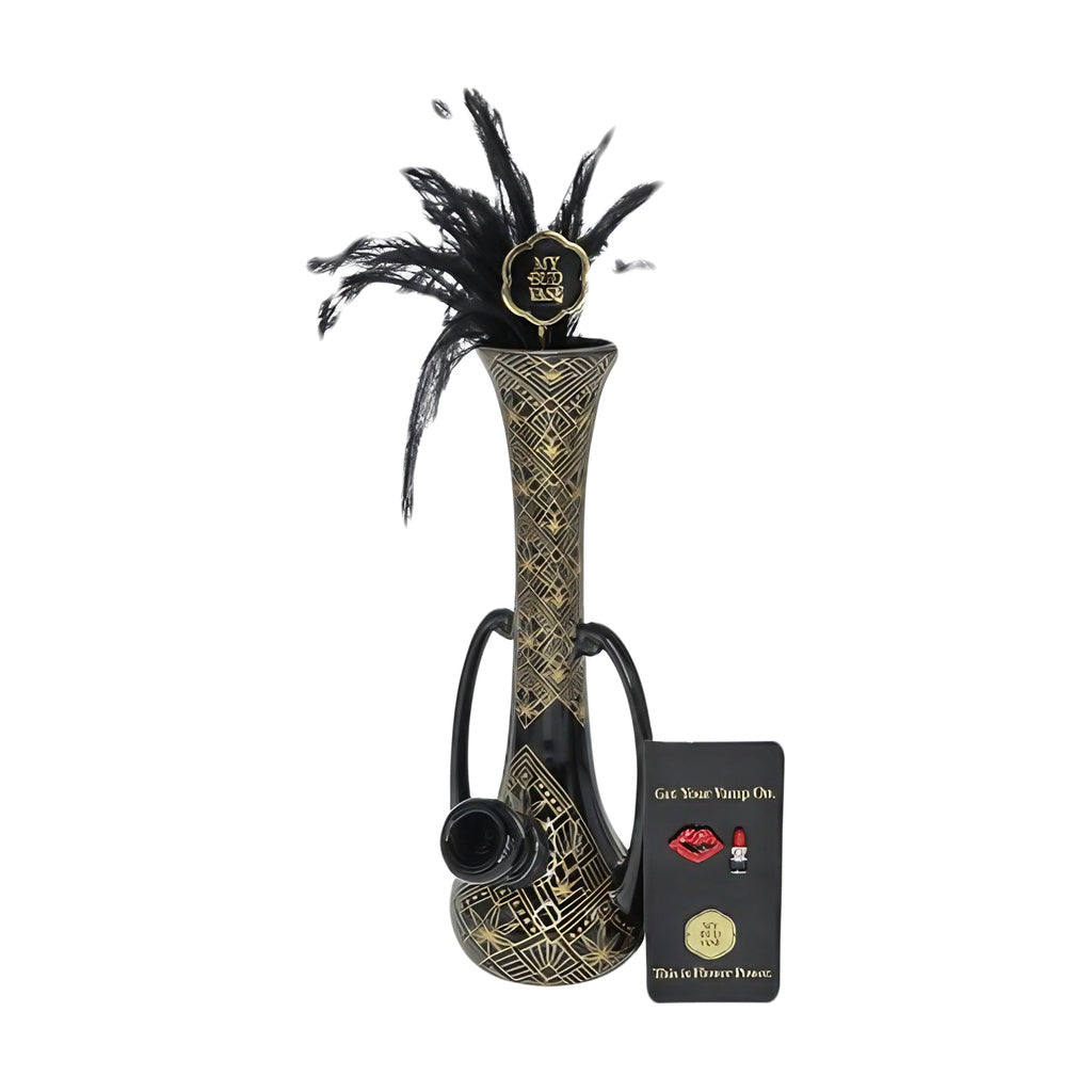 My Bud Vase "Vamp" Bong, 7.5" height, with decorative feathers and poker, front view
