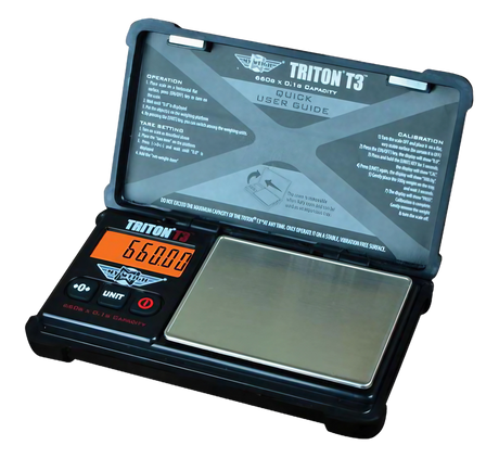 MyWeigh Triton T3 Digital Scale open front view showing LCD and stainless steel platform