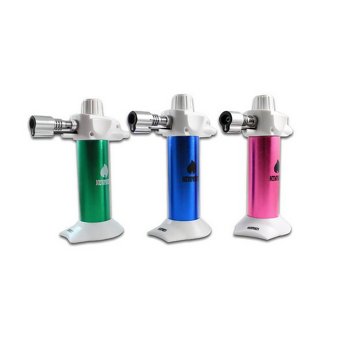Newport Mini Torch Lighters in green, blue, and pink, front view, ideal for dab rigs