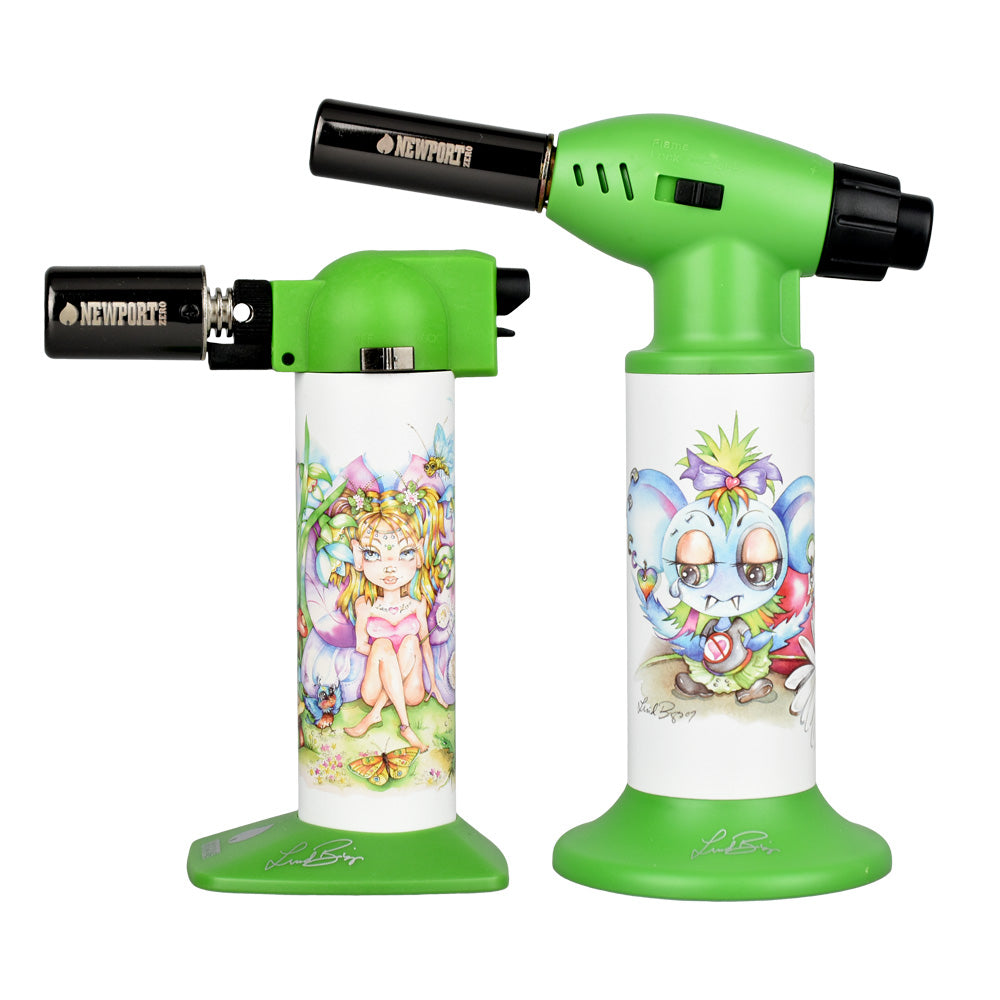 Newport Zero Linda Biggs butane torches with artistic designs, front view on white background