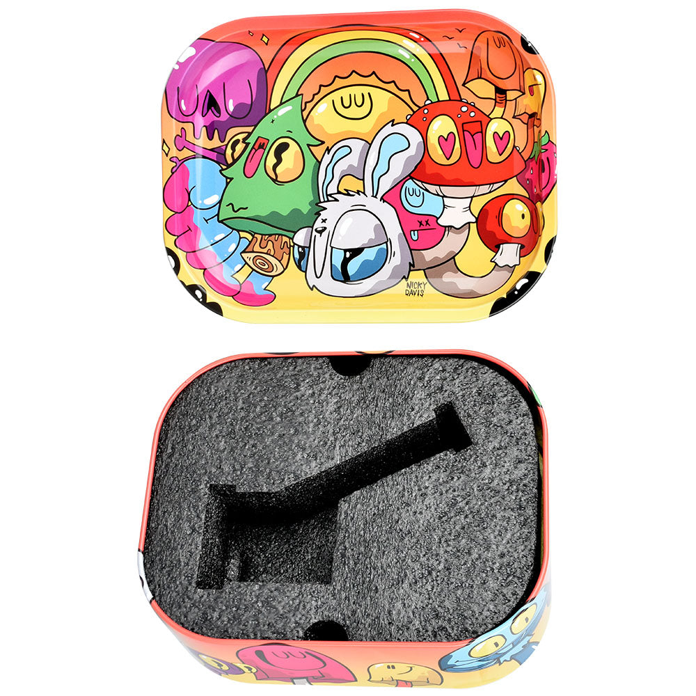 Nicky Davis Bubbler with Tray Travel Tin, Clear Borosilicate Glass, Top and Inside View