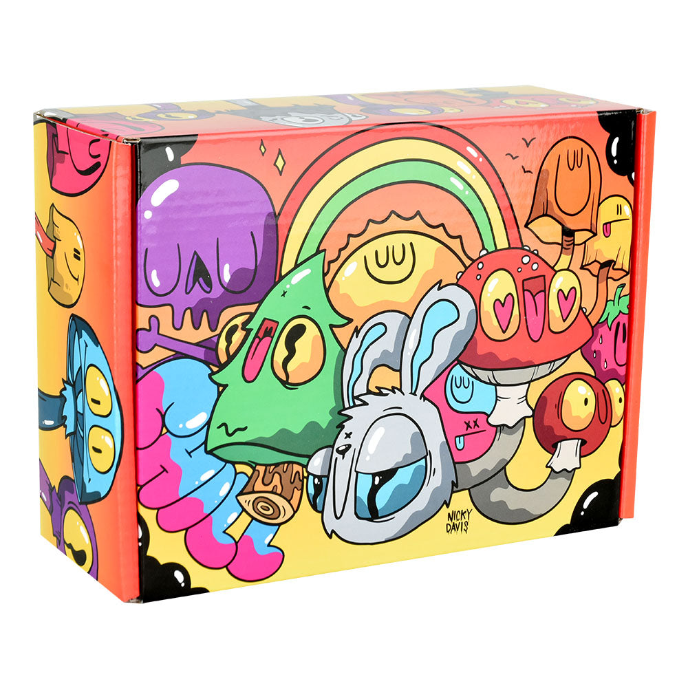 Nicky Davis Bubbler w/ Tray Travel Tin, 4.25" Borosilicate Glass, Colorful Artwork, Front View