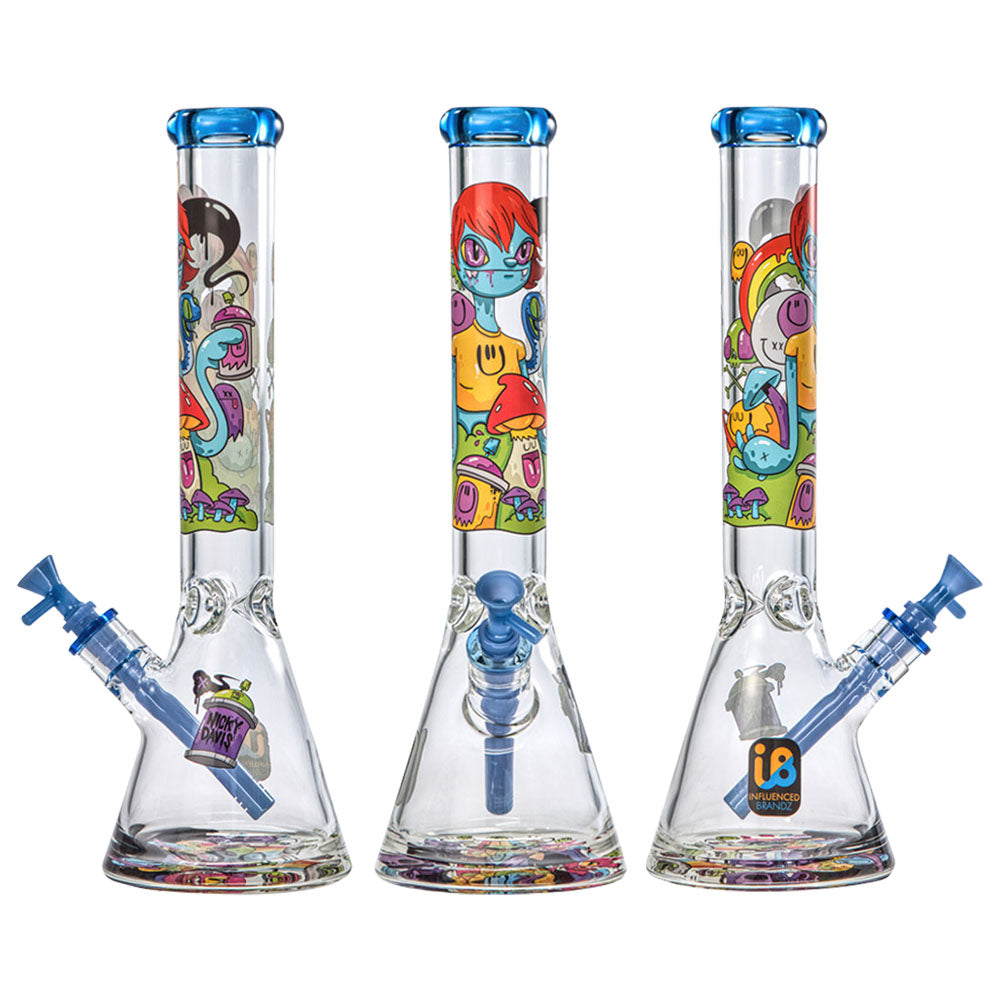 Nicky Davis Ghost Gang Beaker Water Pipes trio, 15.5", 14mm, front view with colorful artwork