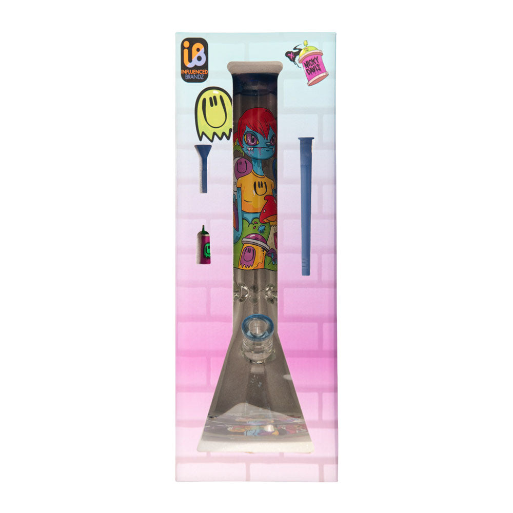 Nicky Davis Ghost Gang Beaker Water Pipe, 15.5" Tall, 14mm Female Joint, Front View on Display