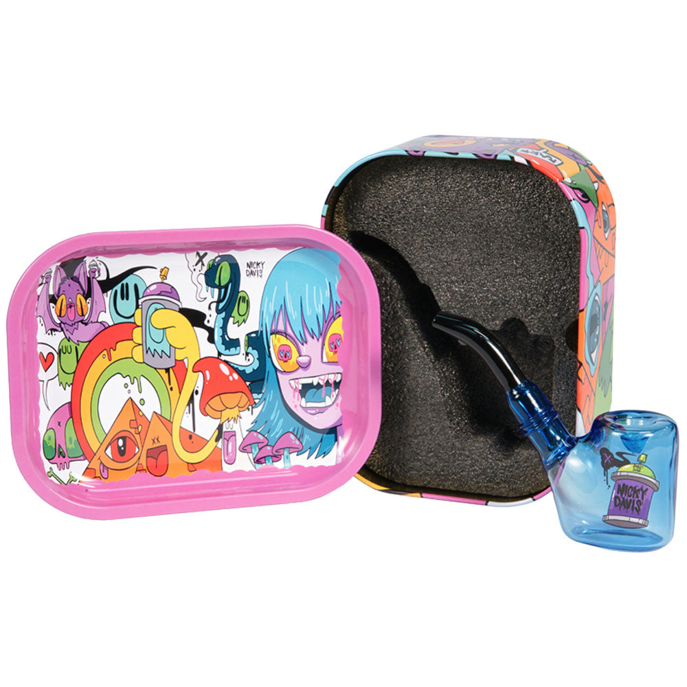 Nicky Davis Sherlock Pipe with colorful design in a matching travel tin with foam insert, front view