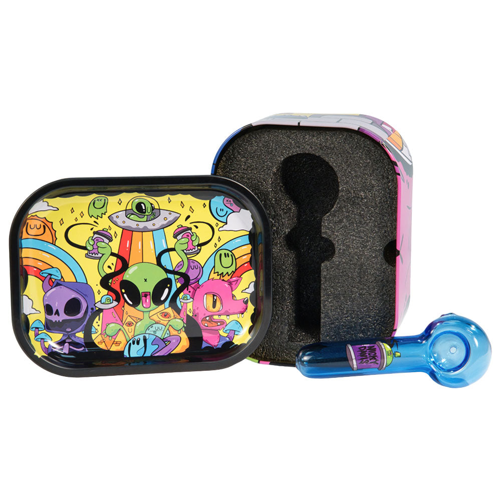 Nicky Davis Spoon Pipe with colorful alien design and matching travel tin, front view