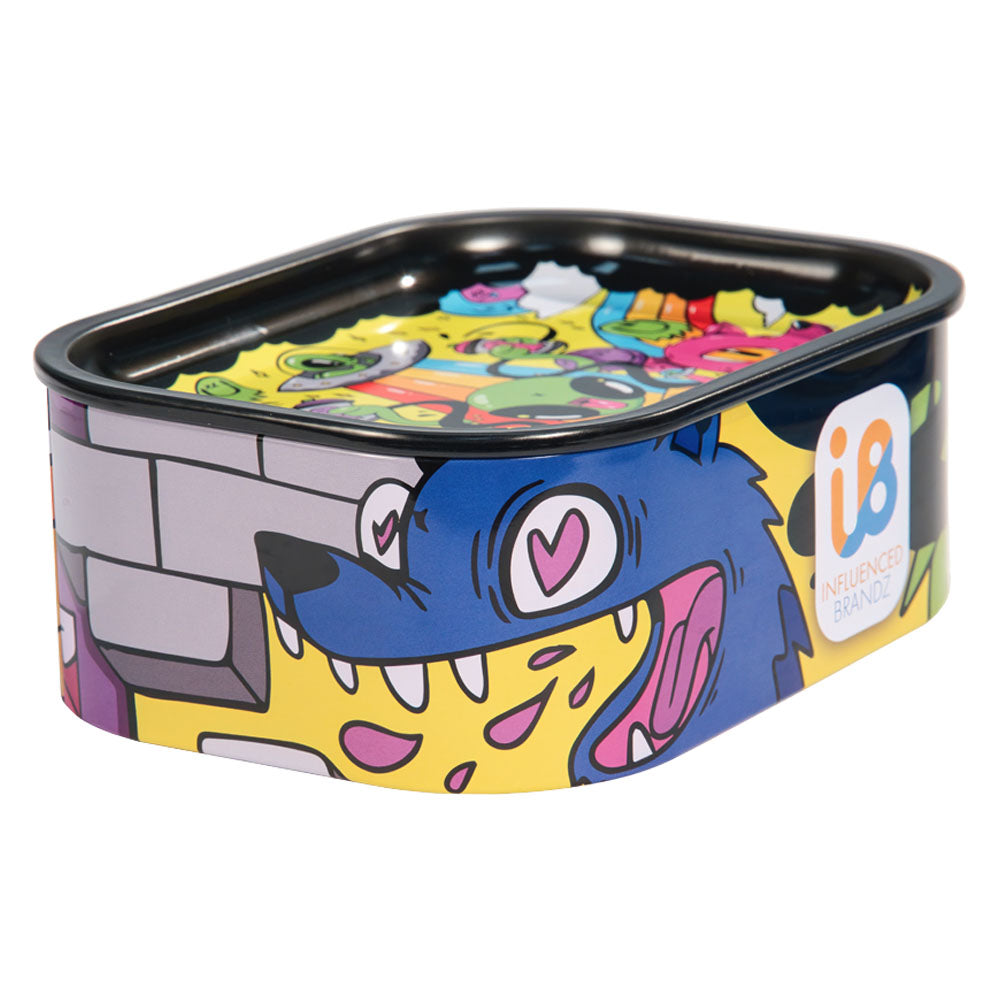 Nicky Davis Spoon Pipe w/ Tray Travel Tin featuring colorful monster design, side view