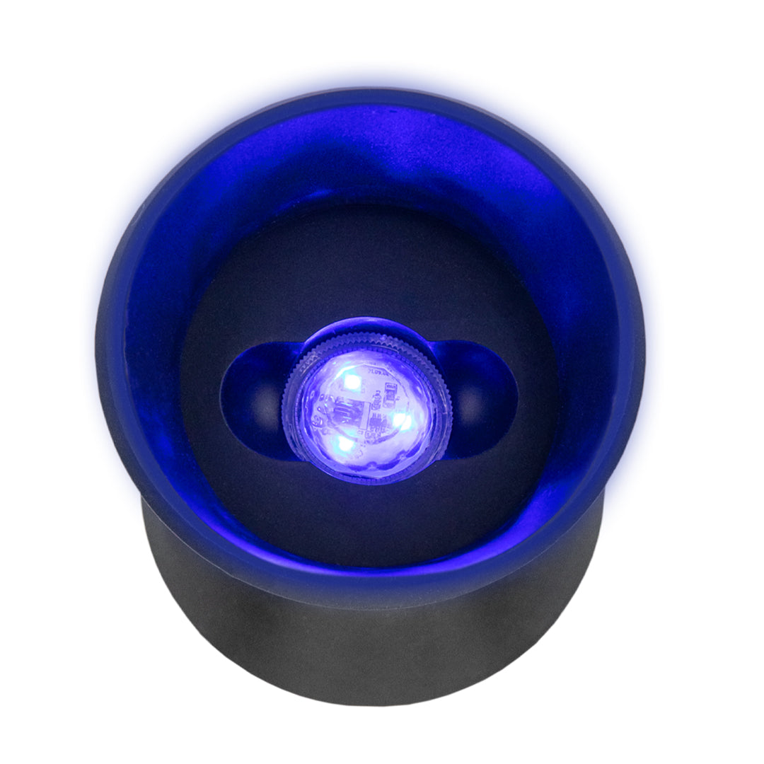 Top view of MJ Arsenal Hippie Hitter Pipe with blue borosilicate glass and LED light