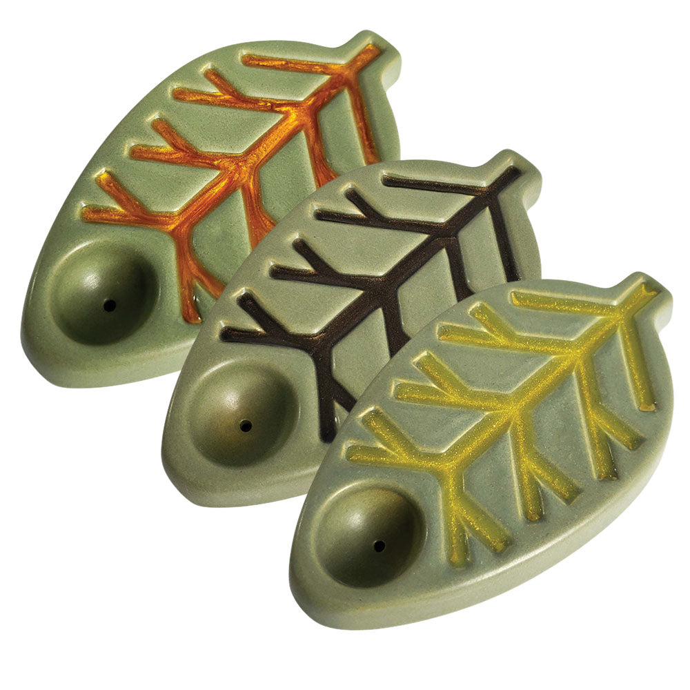Oak And Earth Creations Ceramic Leaf Pipes in Moss Green, Overhead View
