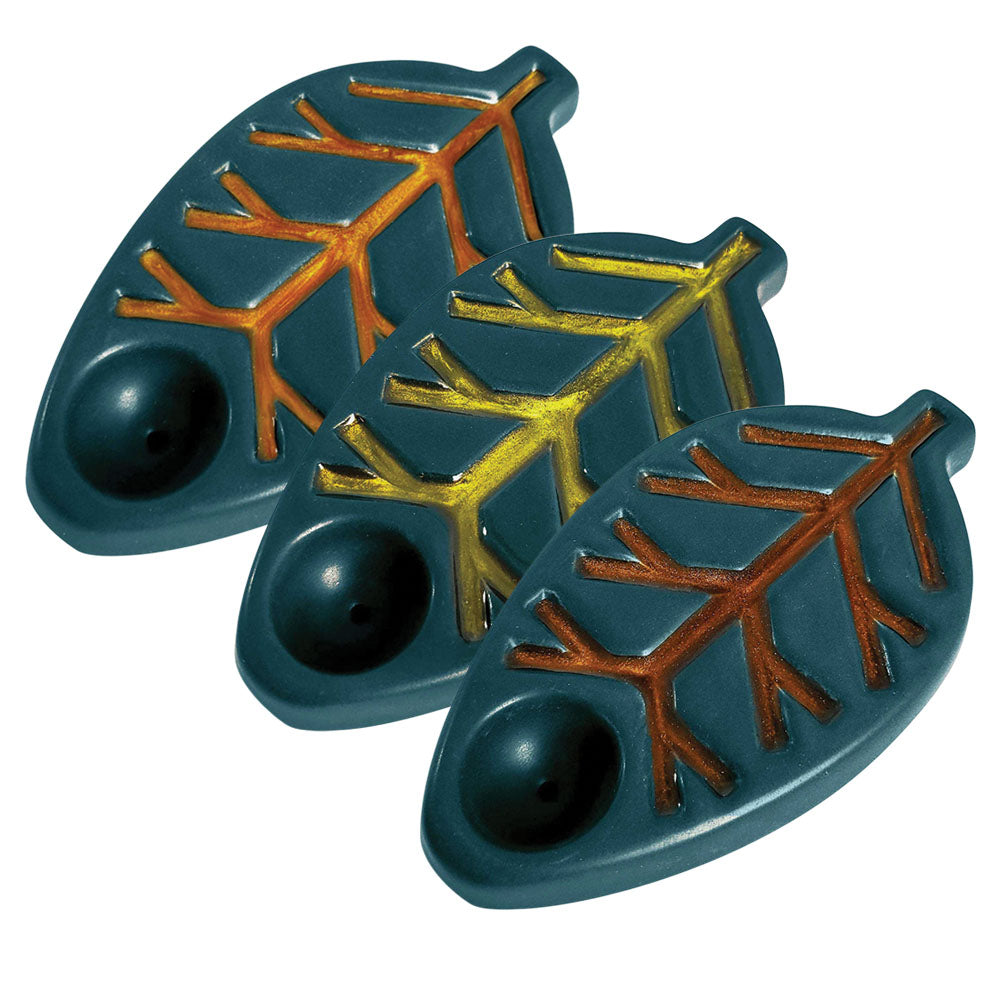 Oak And Earth Creations Ceramic Leaf Pipes in Wave Blue, angled view on white background