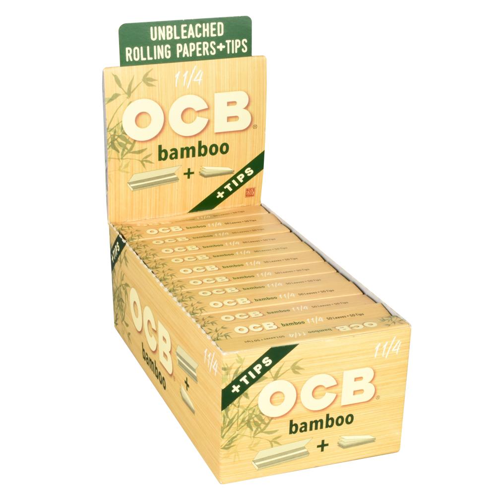 OCB Bamboo Slim Rolling Papers box open to show packs and tips, eco-friendly design