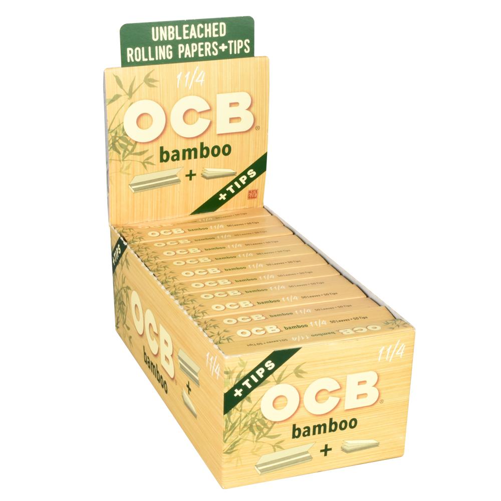 OCB Bamboo Rolling Papers 1 1/4" with Tips, 24 Pack Display Box, Unbleached Eco-Friendly Product