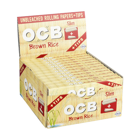 OCB Brown Rice Rolling Papers with Tips, 24 Pack, Slim Size, Front View Display