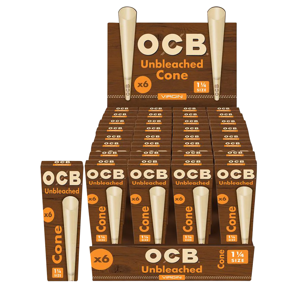 OCB Unbleached Cones 32 Pack, 1 1/4 Size, Display Stand Front View