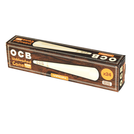 OCB Virgin Unbleached Cones 1 1/4" Hemp Rolling Papers, Front View of the 24 Pack Box