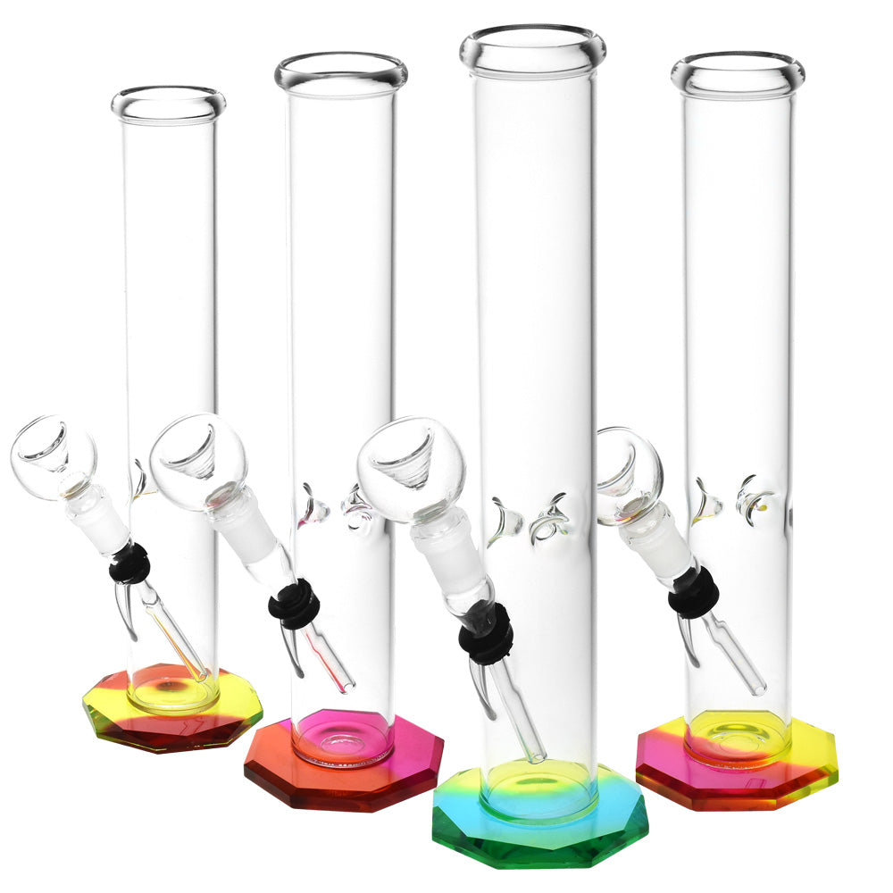 Octagonal Base Straight Tube Bongs in Borosilicate Glass, 10.5" Tall, Angled Side View