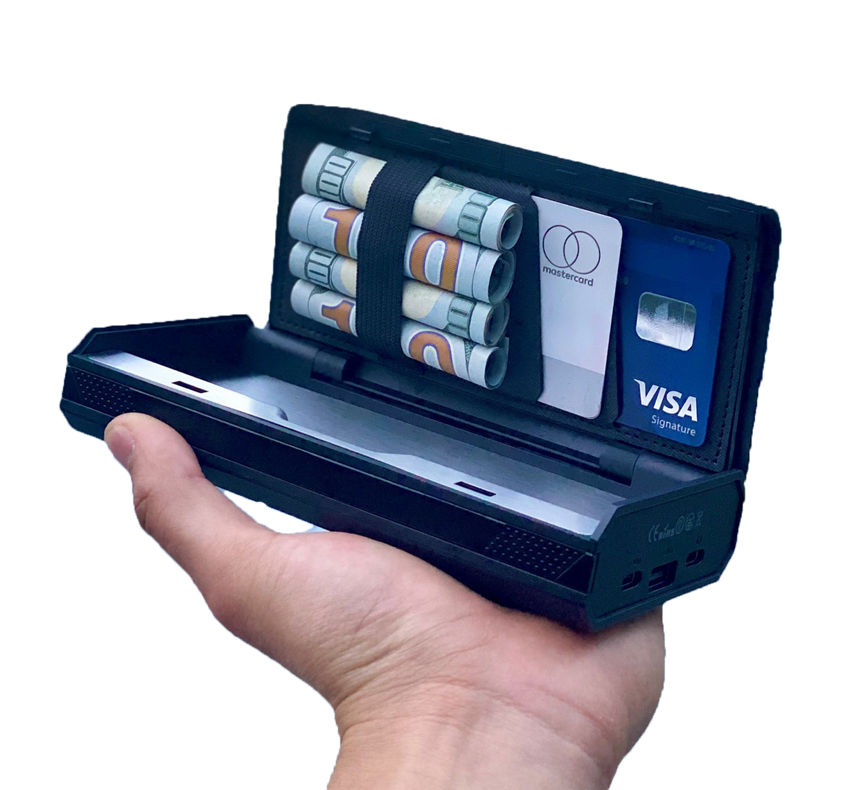 Octave Batt Pack Power Bank & Travel Safe with cash and cards, handheld open view