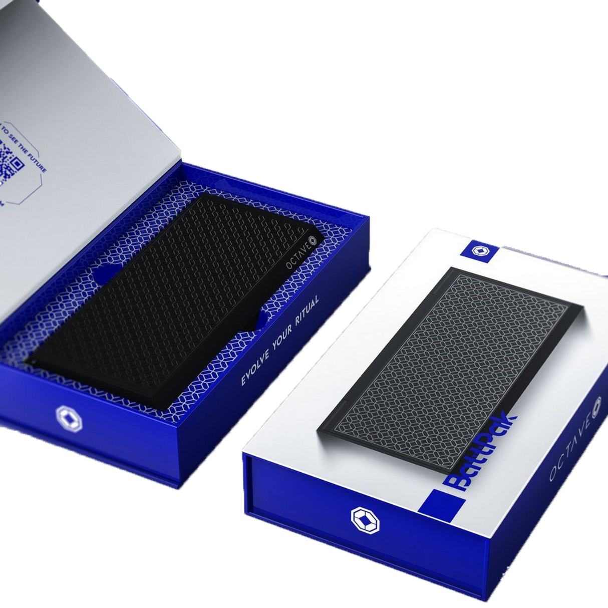 Octave Batt Pack Power Bank in open and closed travel safe boxes, angled view