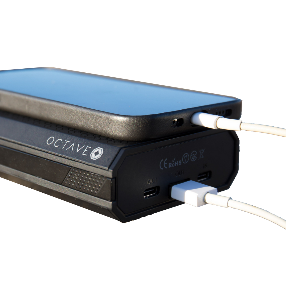 Octave Batt Pack Power Bank in Black, Side View with Cables Connected, Portable Travel Safe