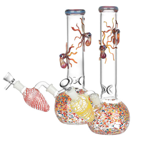 Colorful Octopus Frit Bubble Base Water Pipes with Intricate Glasswork, 10", Front View