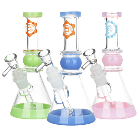 Om Sweet Om Chakra Beaker Water Pipes in green, blue, and pink with high-quality glass