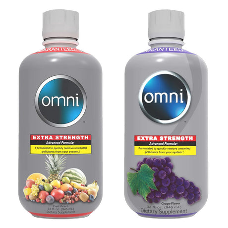 Omni Liquid Detox Drink by High Voltage, 32oz bottles, Fruit Punch & Grape flavors, front view