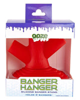 Ooze Banger Hanger Silicone Stand in Red, front view packaging, holds 3 bangers, for 14-19mm joints