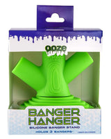 Ooze Banger Hanger Silicone Stand in green, front view, packaged, holds 3 bangers, durable design