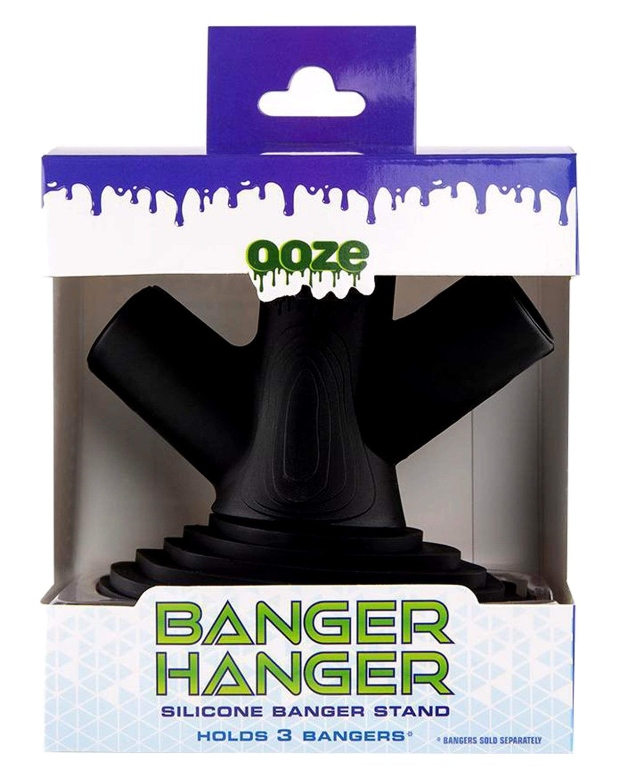 Ooze Banger Hanger Silicone Stand in Black, front view, holds 3 bangers, durable and easy to clean