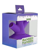 Ooze Banger Hanger Silicone Stand in Purple, durable and flexible, holds 3 bangers, front view packaging
