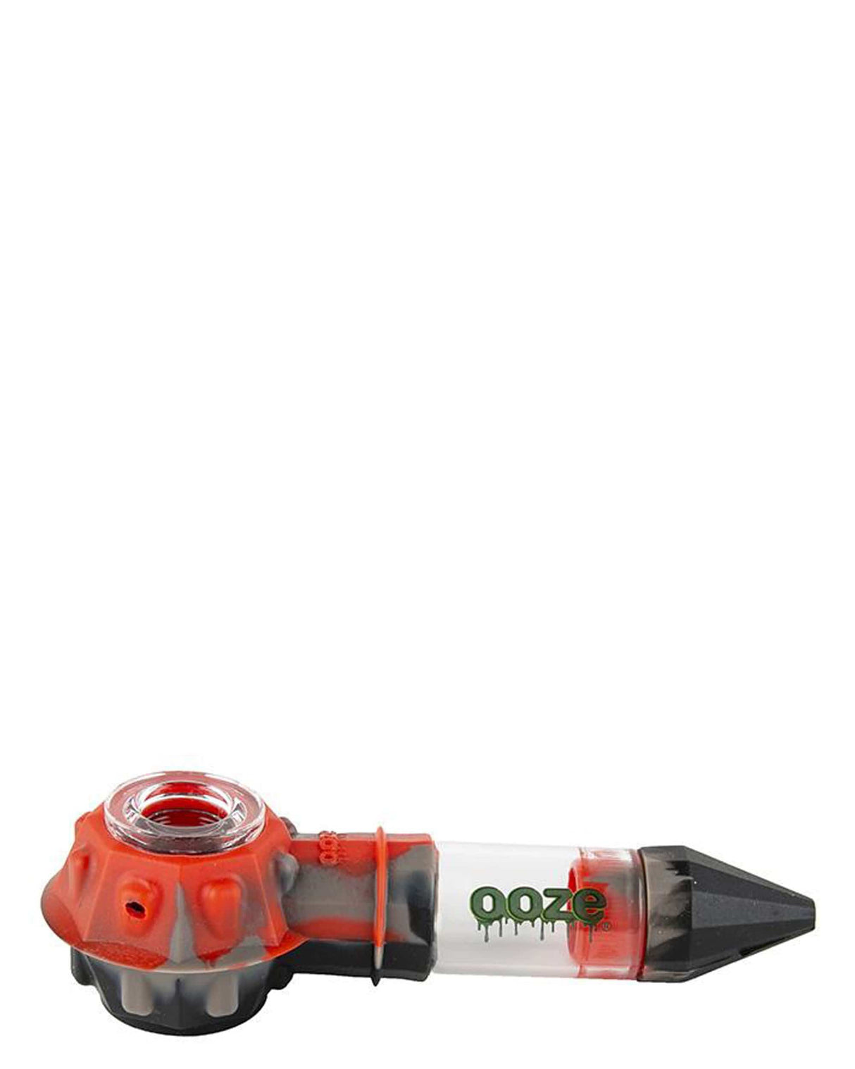 Ooze Bowser Silicone Pipe in red and gray, side view, for dry herbs with quartz bowl