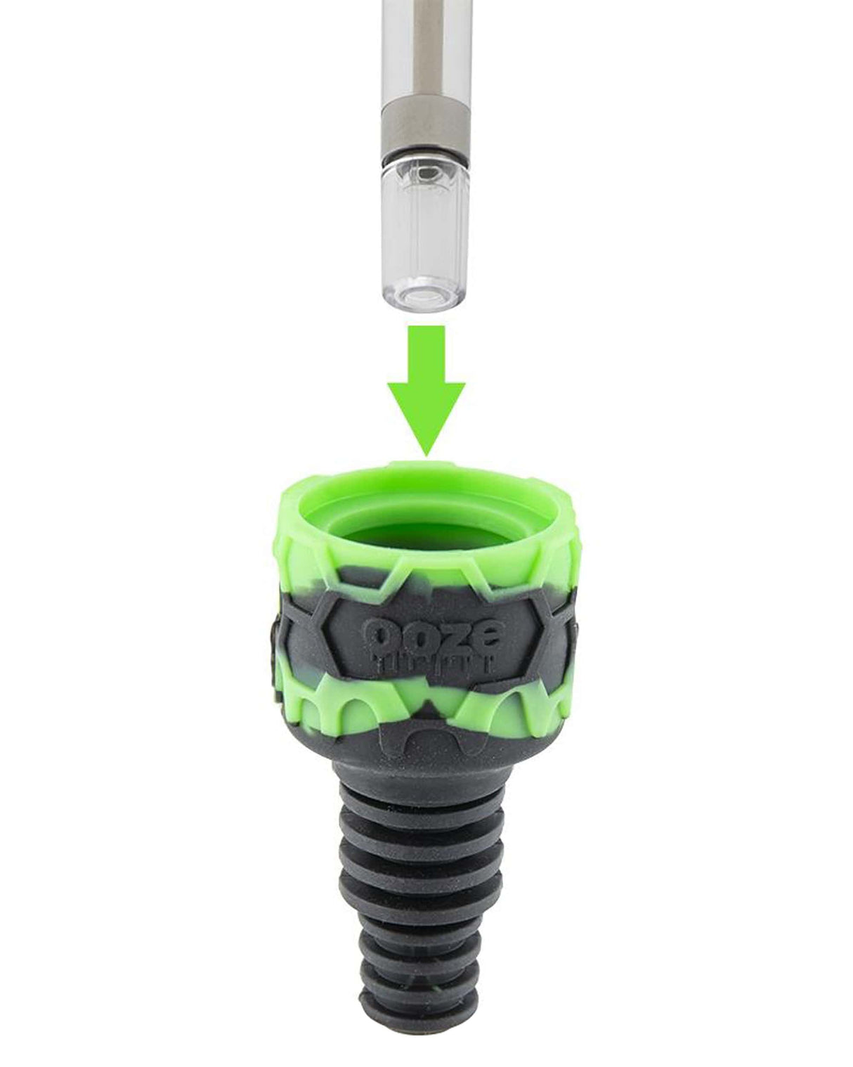Ooze Echo Silicone Bong in Green and Black, Front View with Glass Downstem