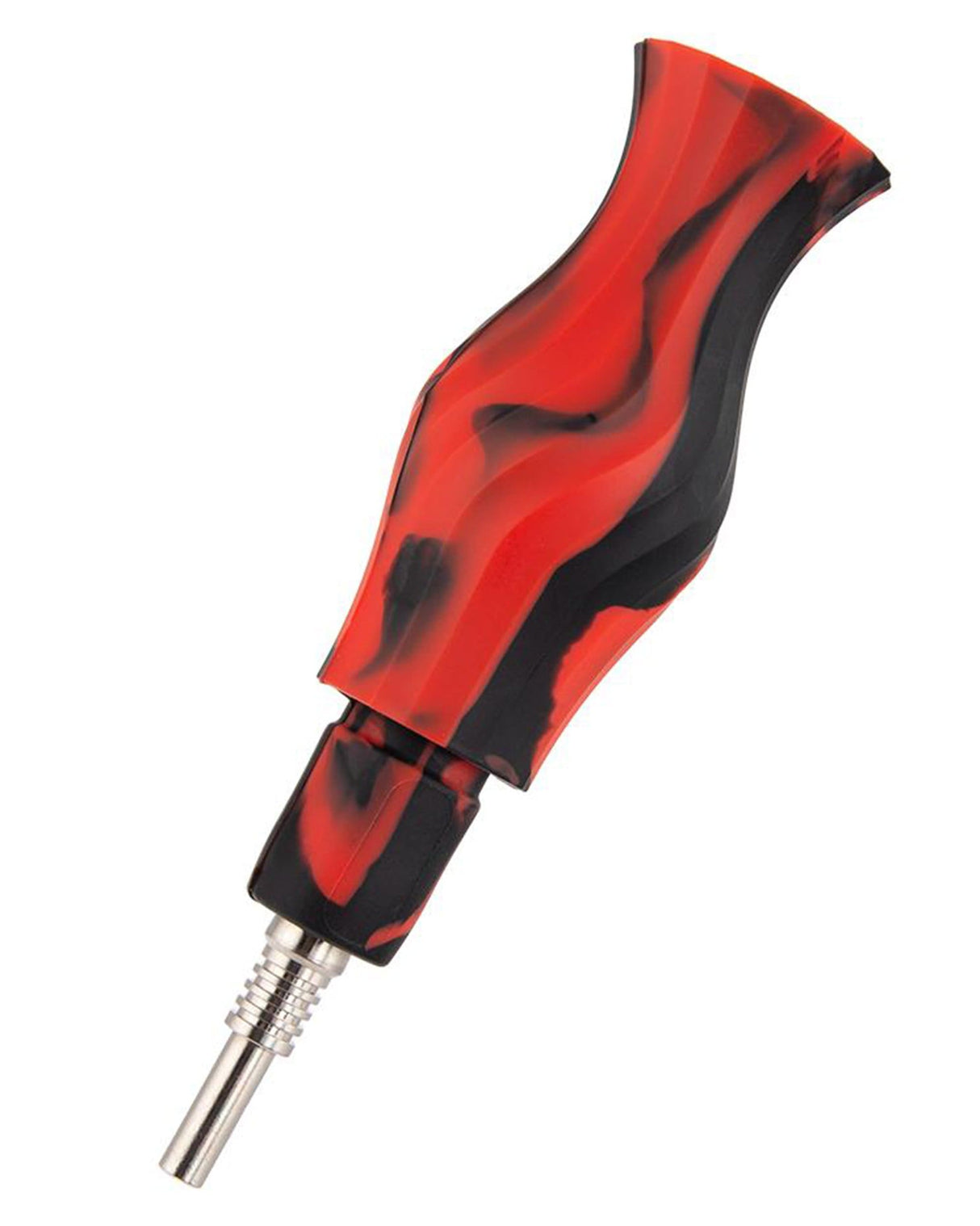 Ooze Echo Silicone Bong in Black and Red Swirl, Side View with Stainless Steel Bowl