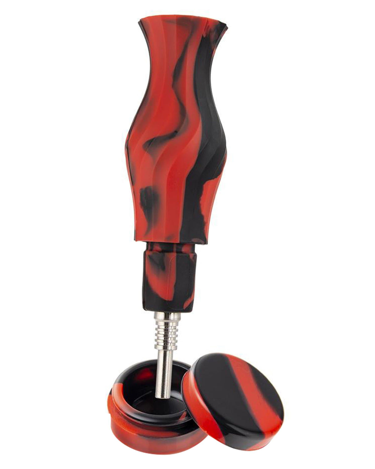 Ooze Echo Silicone Bong in red and black with stash storage, front view on white background