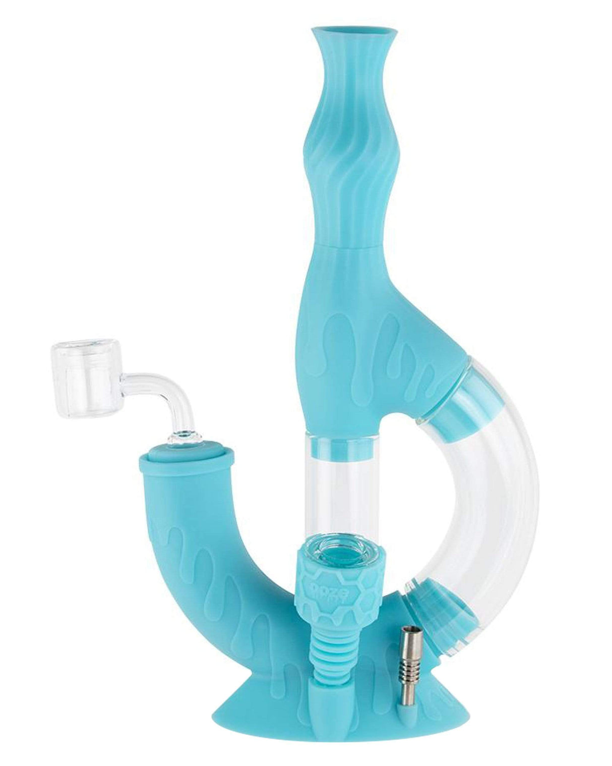 Ooze Echo 4-in-1 Silicone Bong in Teal, 9" with Slitted Percolator, Front View on White