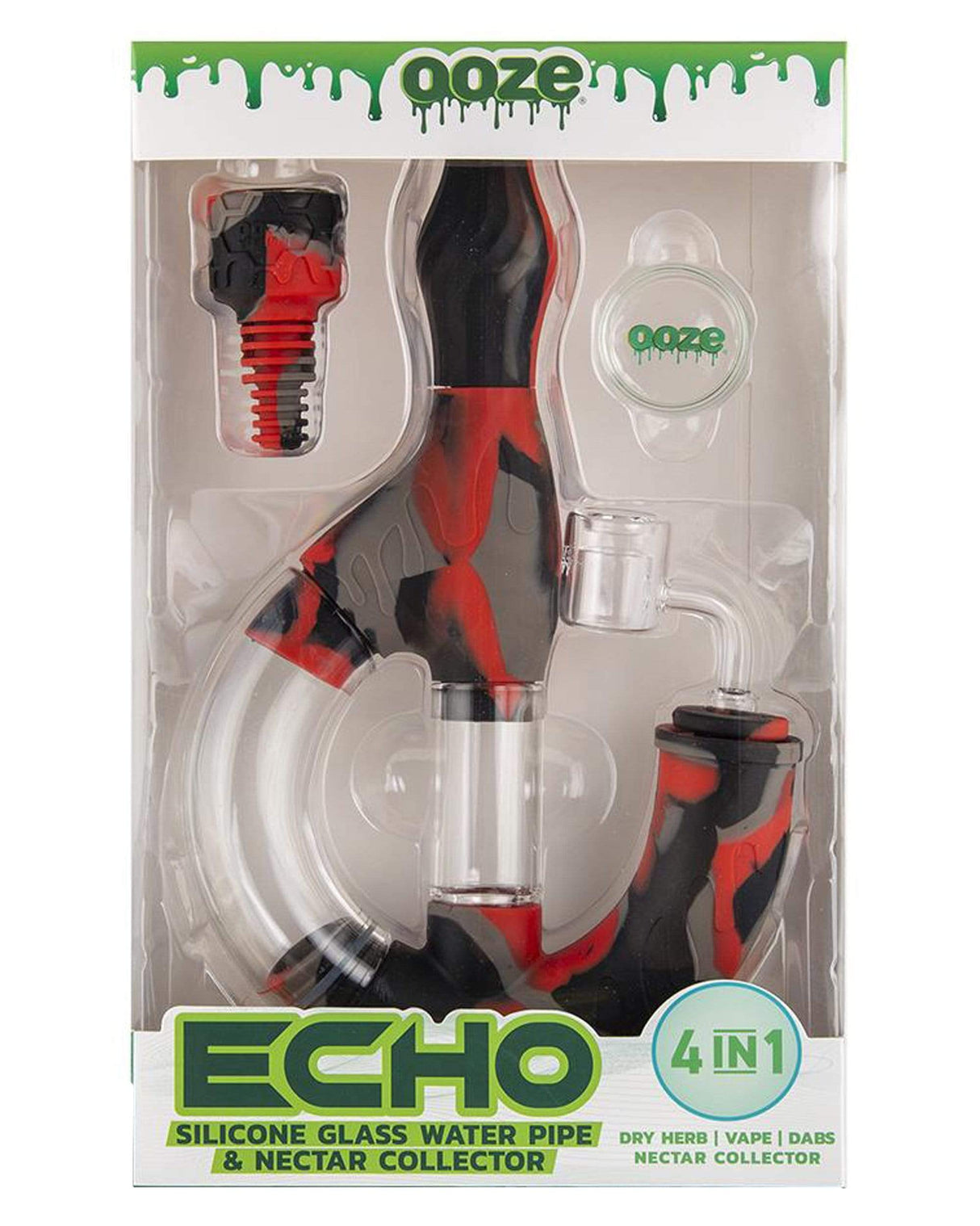 Ooze Echo 4-in-1 Silicone Bong in Black and Red, Front View, with Glass Bowl and Nectar Collector